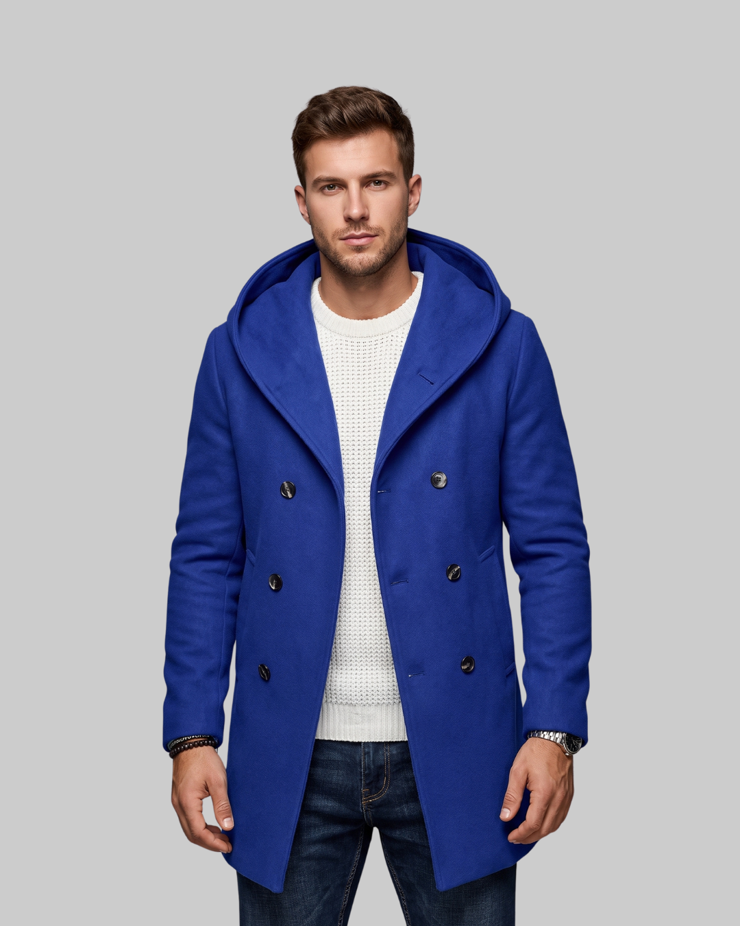 Men's Hooded Double-Breasted Coat in sapphire blue.