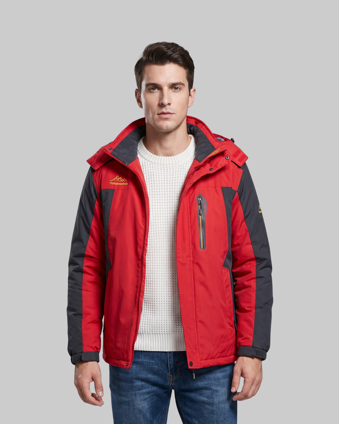 Men's Hooded Outdoor Winter Jacket in red.
