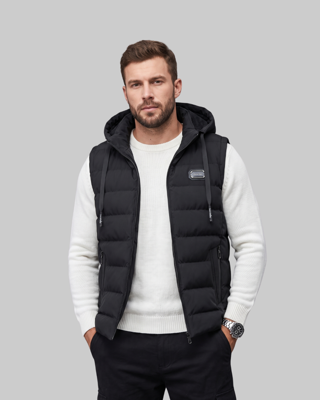 Men's Hooded Puffer Vest in black.