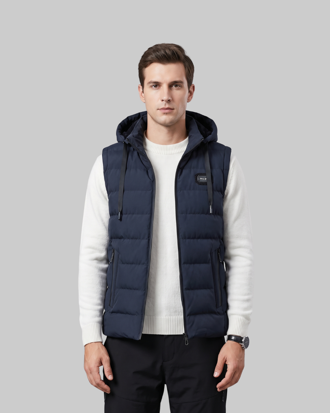 Men's Hooded Puffer Vest in dark blue.