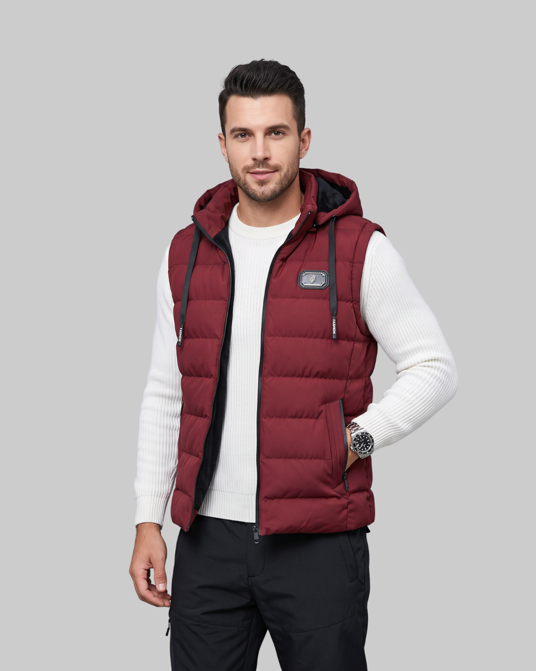 Men's Hooded Puffer Vest in wine red.