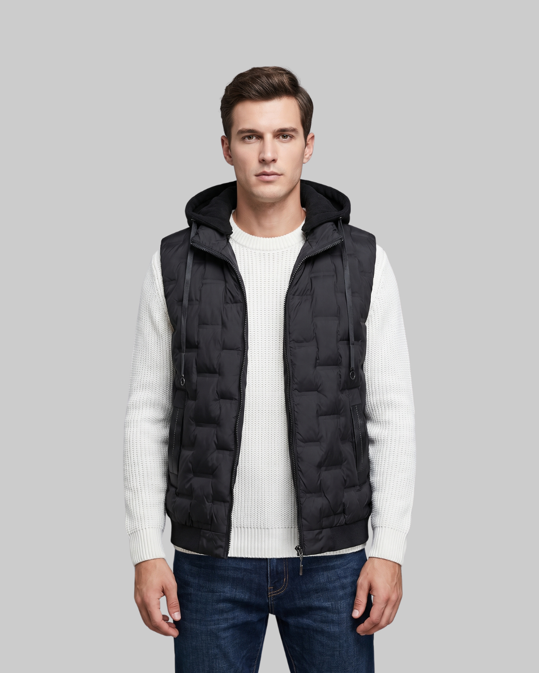 Men's Hooded Quilted Puffer Vest in black.