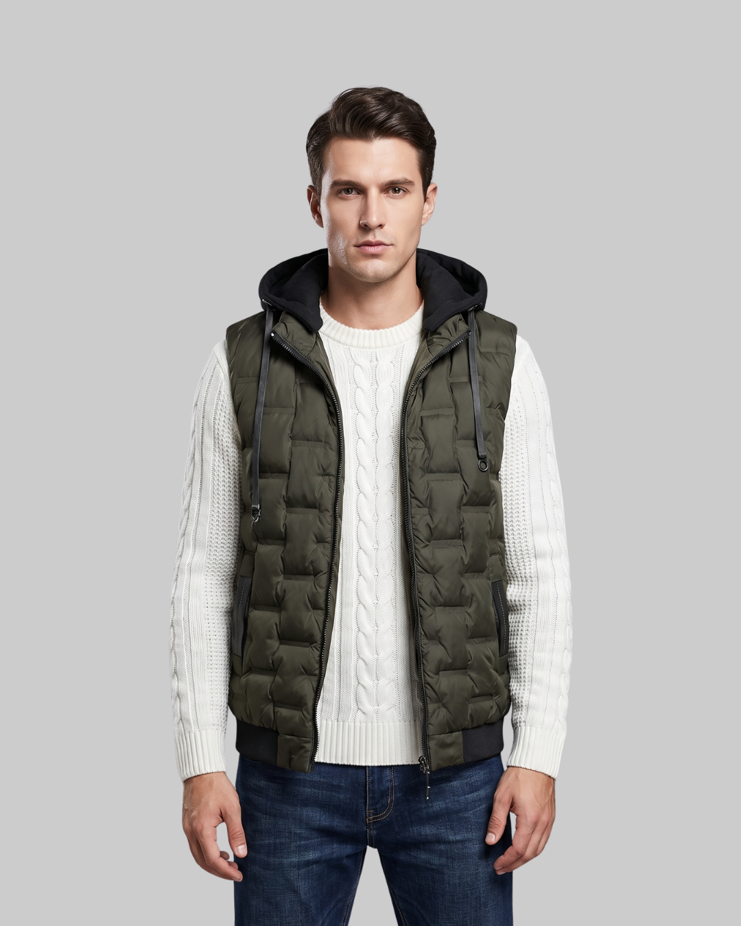 Men's Hooded Quilted Puffer Vest in green.