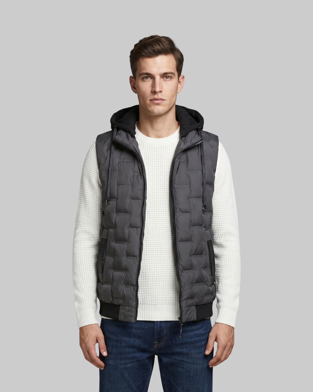 Men's Hooded Quilted Puffer Vest in grey.