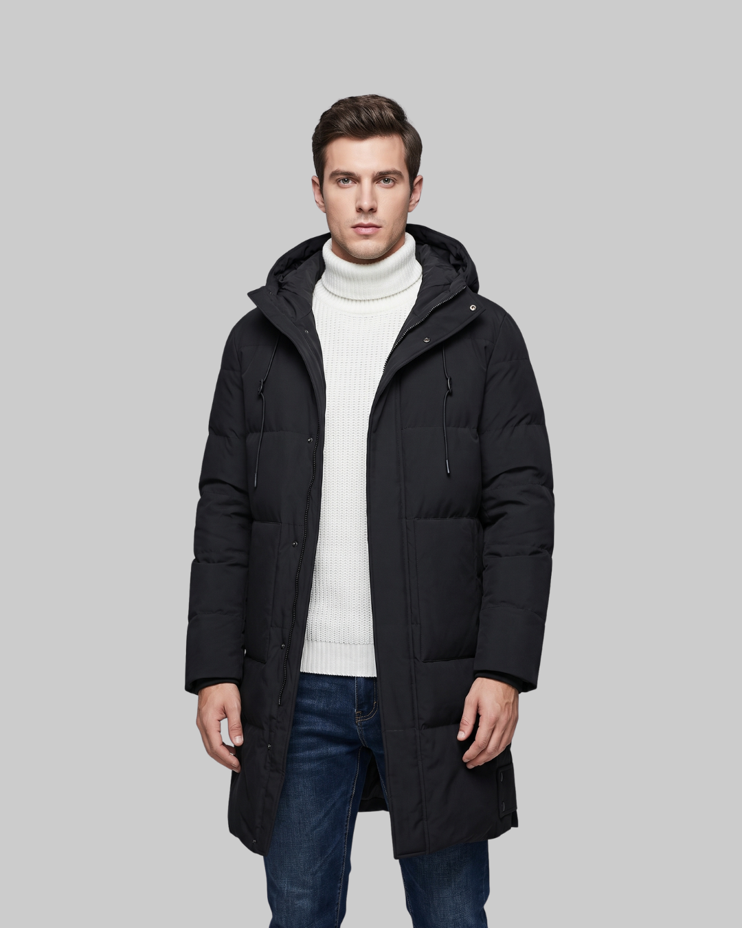 Men's Hooded Quilted Winter Coat in black.