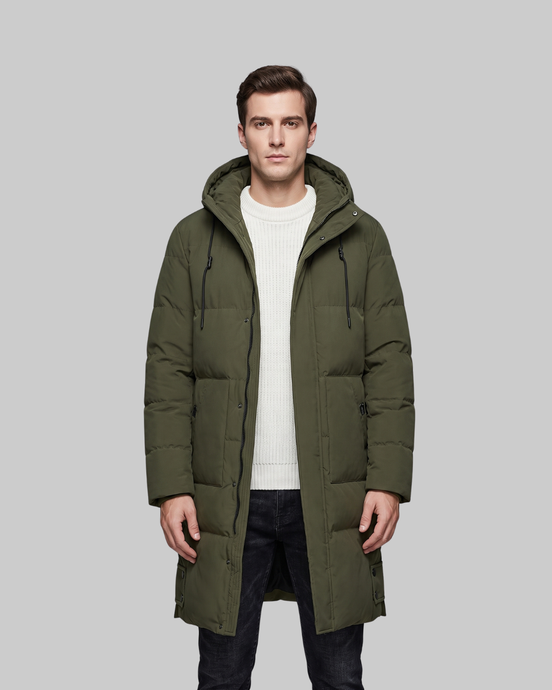 Men's Hooded Quilted Winter Coat in green.