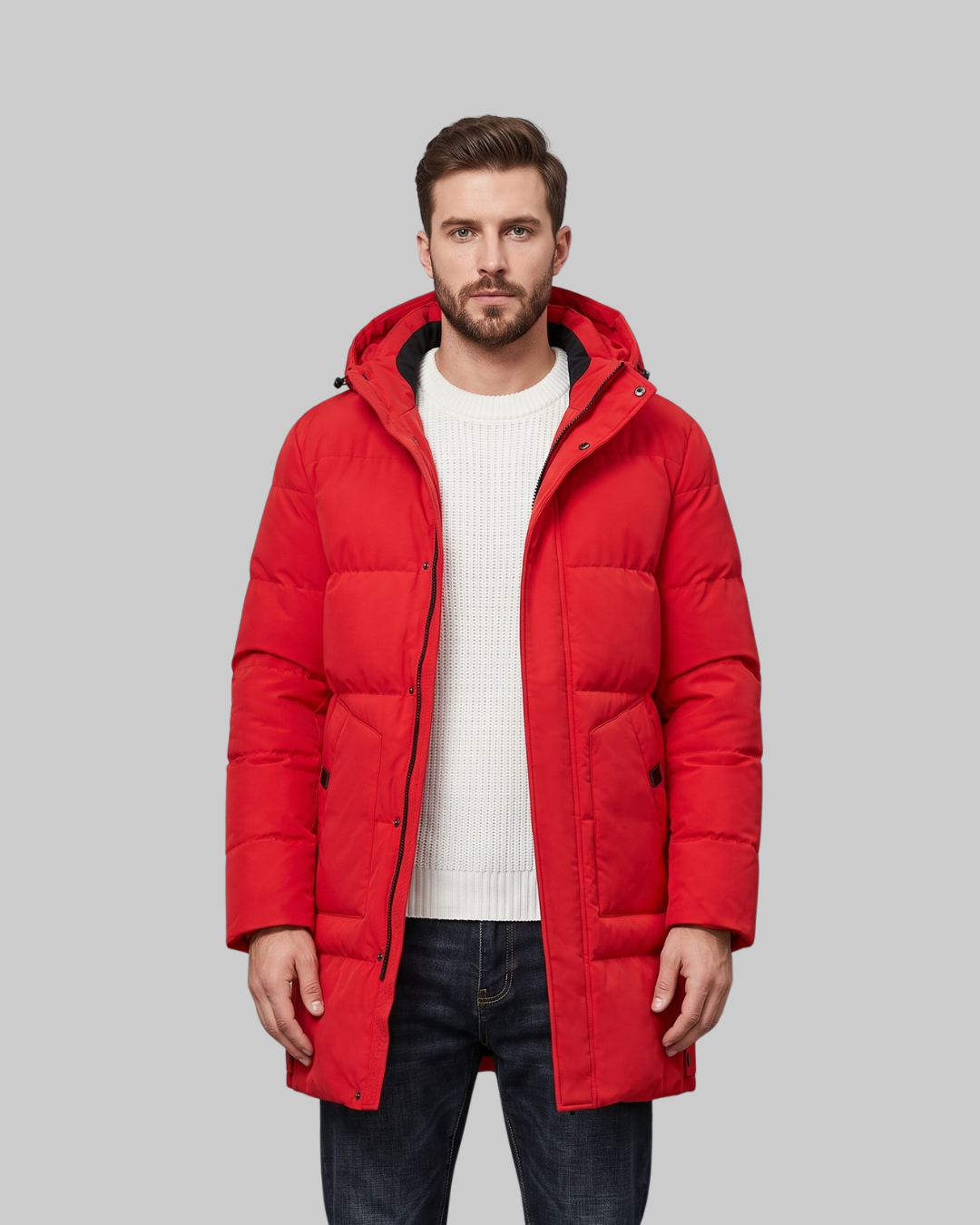 Men's Hooded Quilted Winter Coat in red.