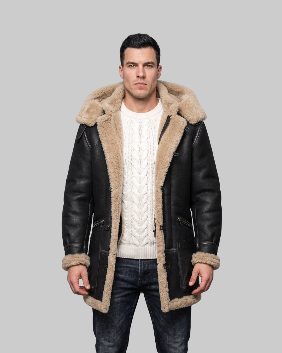 Men's Hooded Toggle Winter Coat in black.
