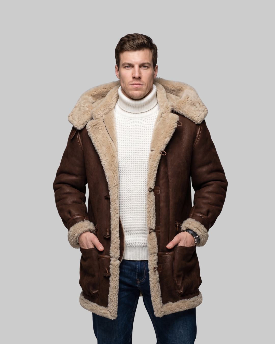 Men's Hooded Toggle Winter Coat in brown.