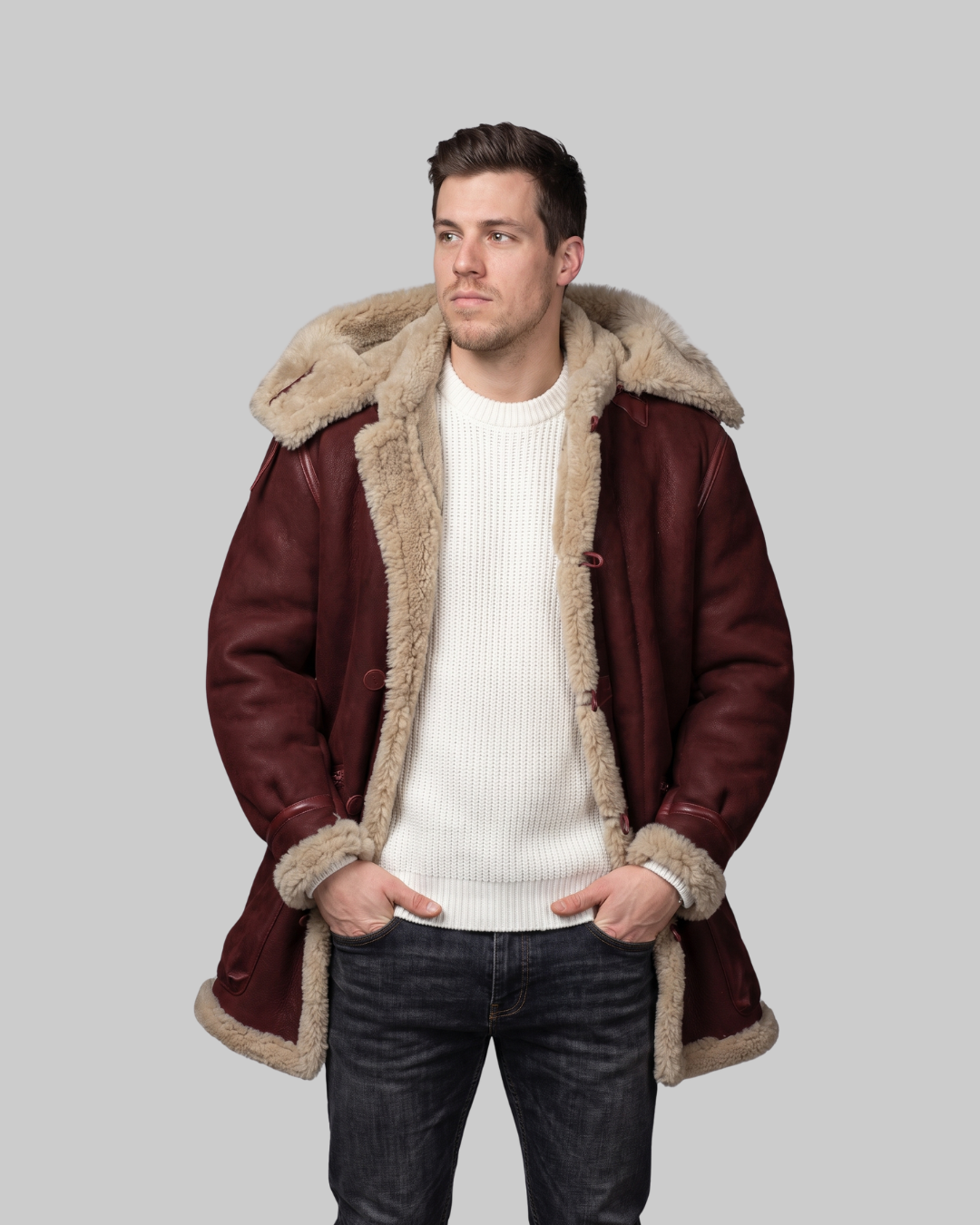 Men's Hooded Toggle Winter Coat in red.