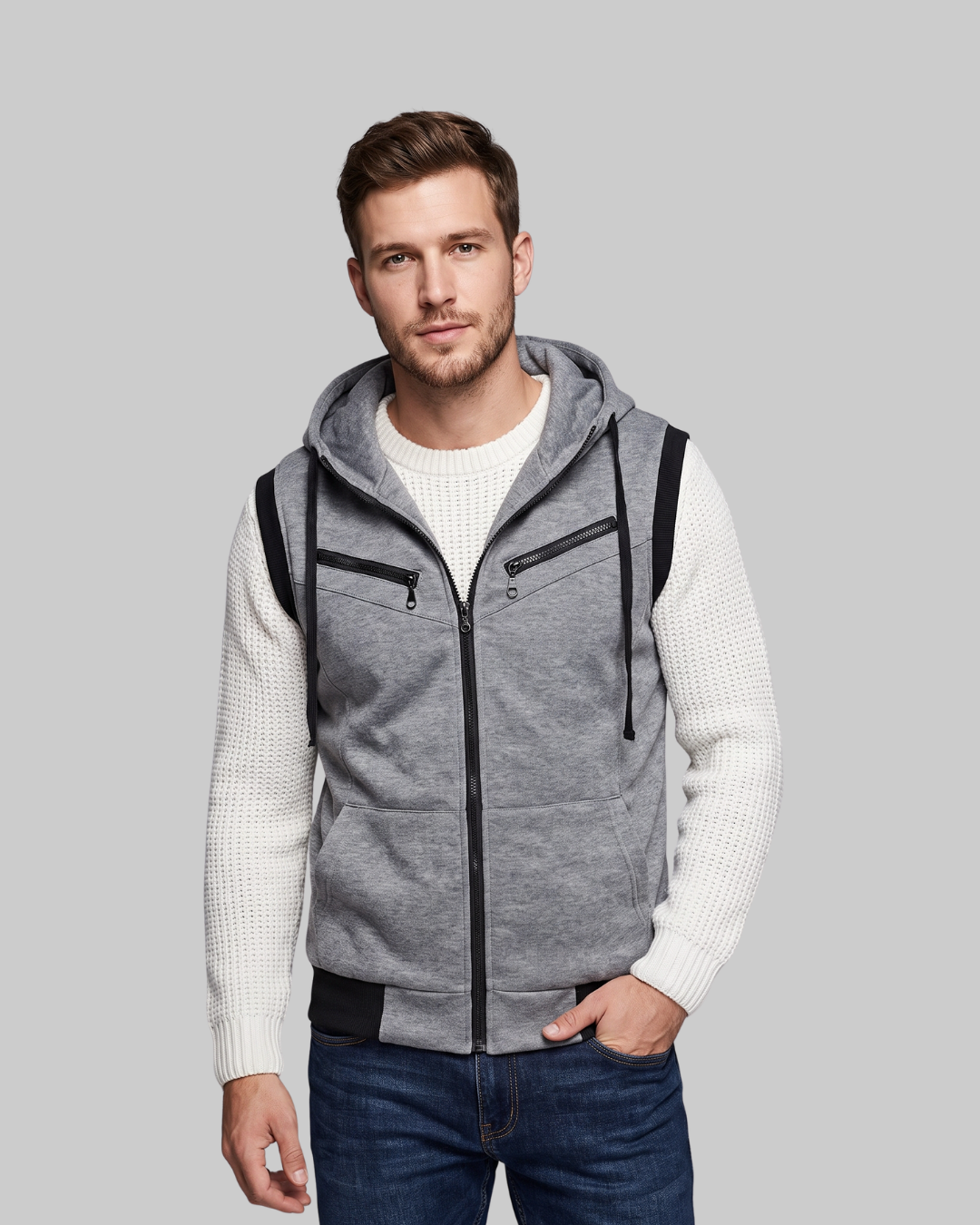 Men's Hooded Utility Zip Vest in grey.