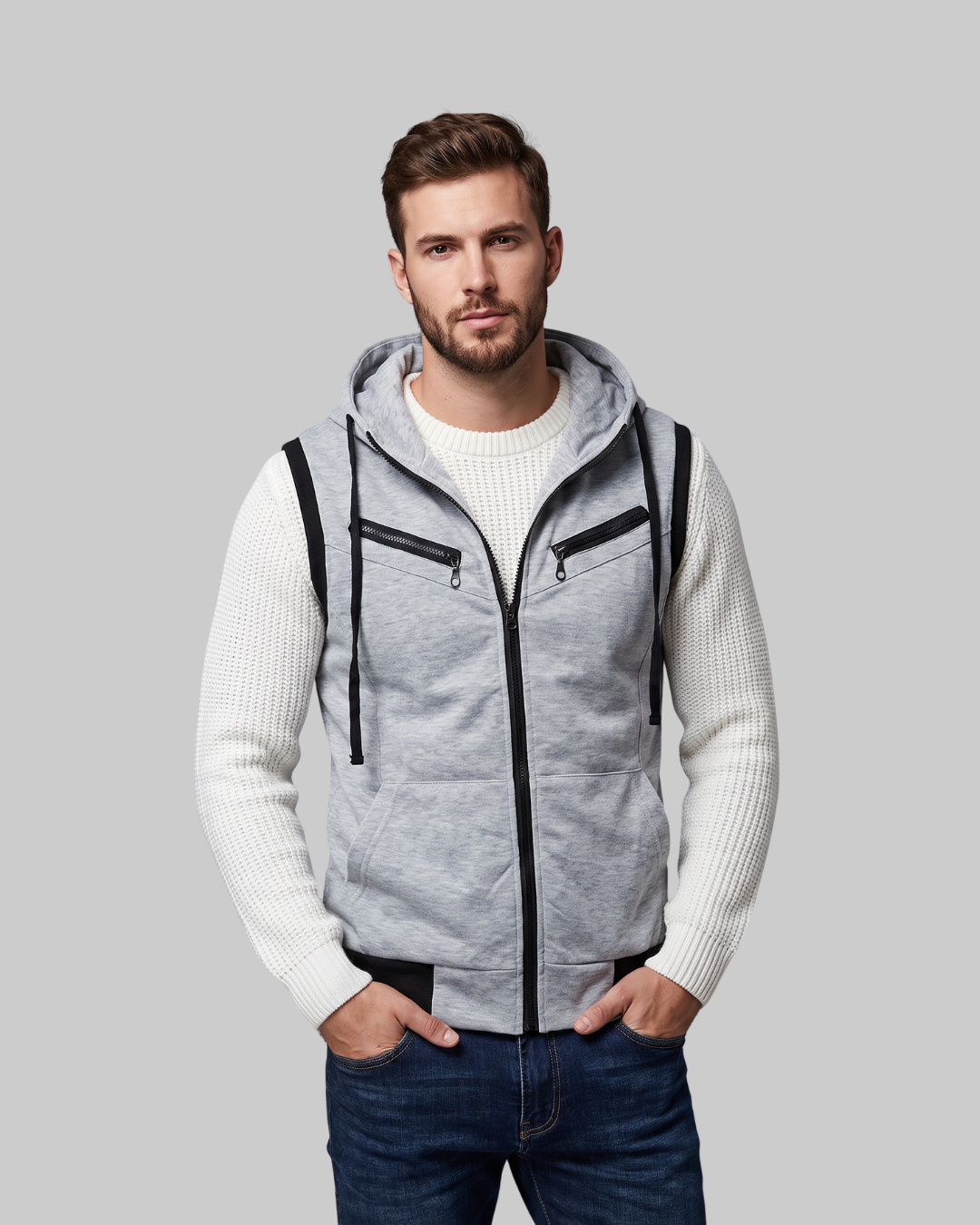 Men's Hooded Utility Zip Vest in light grey