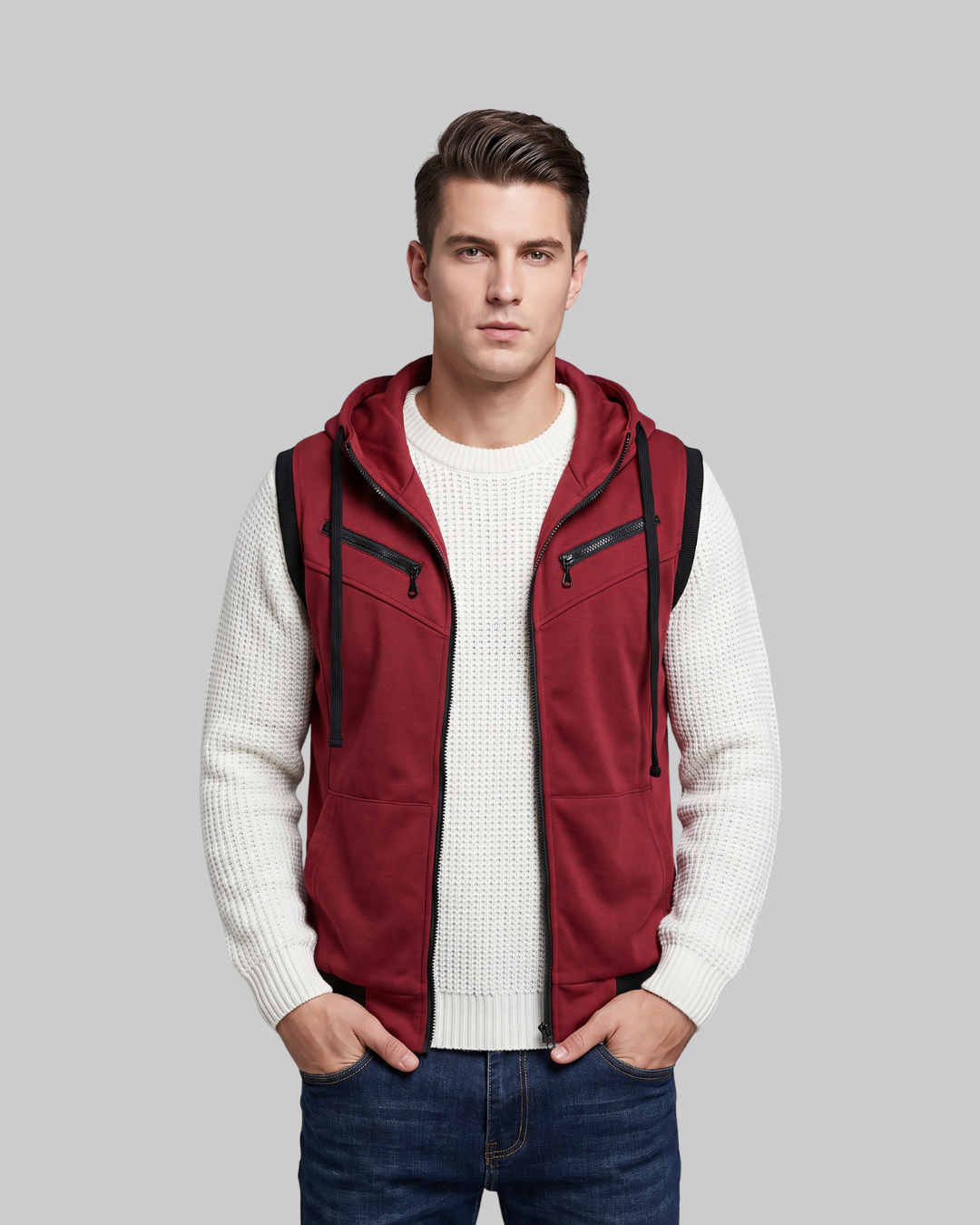 Men's Hooded Utility Zip Vest in red.