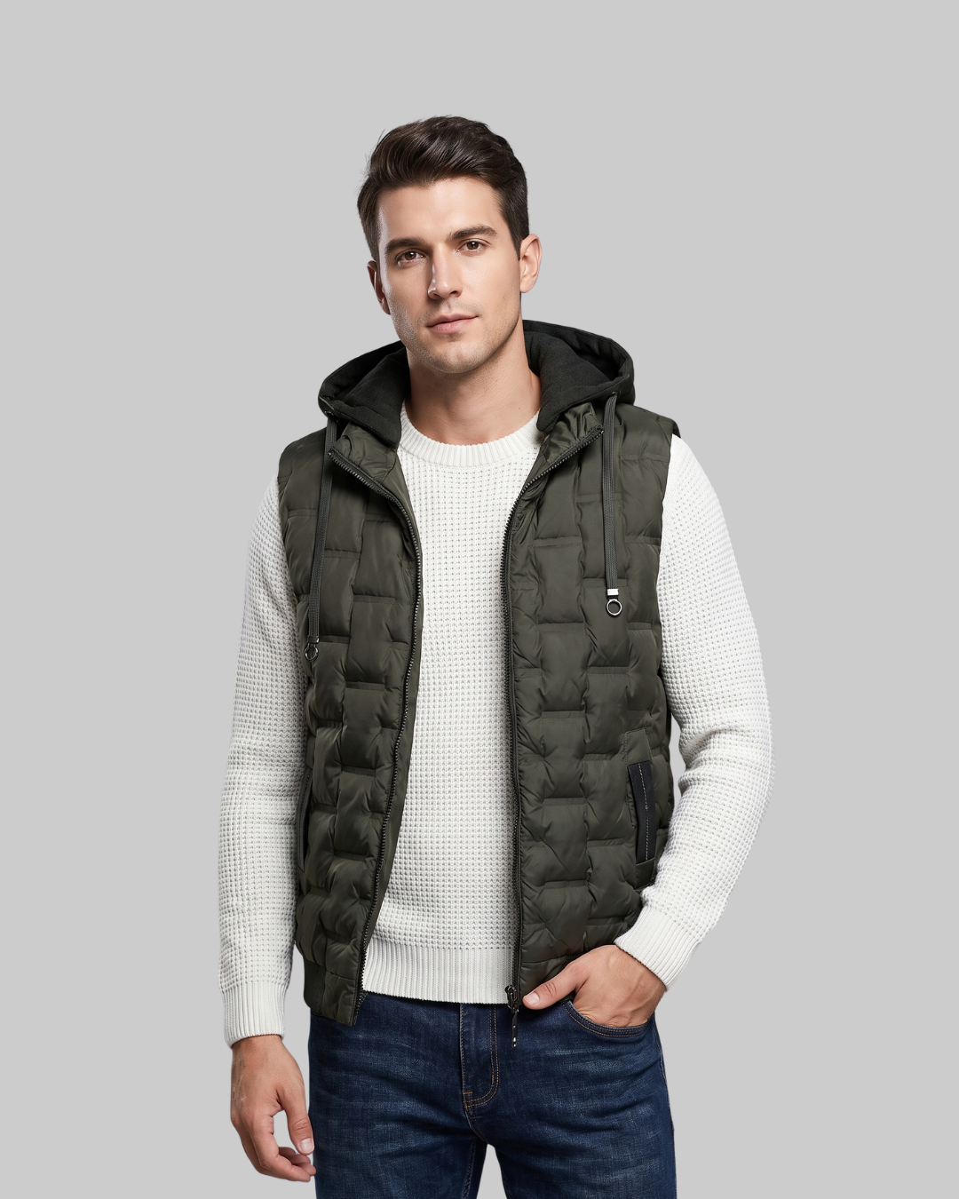 Men's Hooded Zip Pocket Vest in army gree.