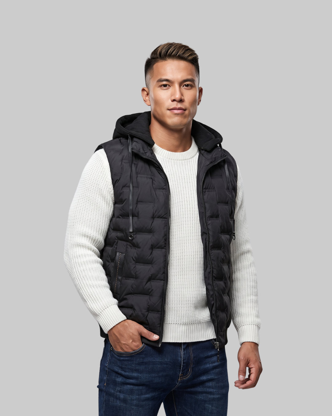 Men's Hooded Zip Pocket Vest in black.