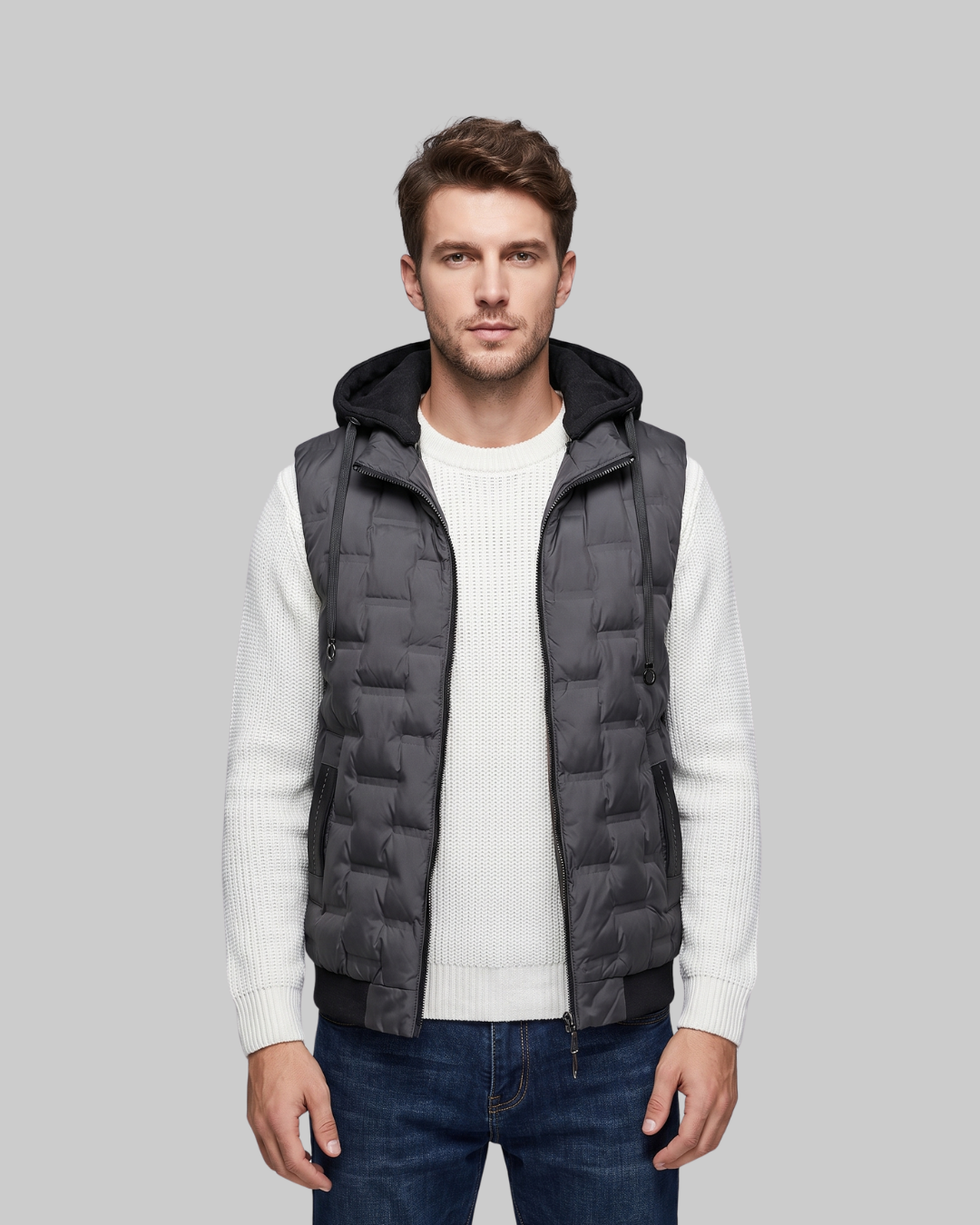 Men's Hooded Zip Pocket Vest in grey.