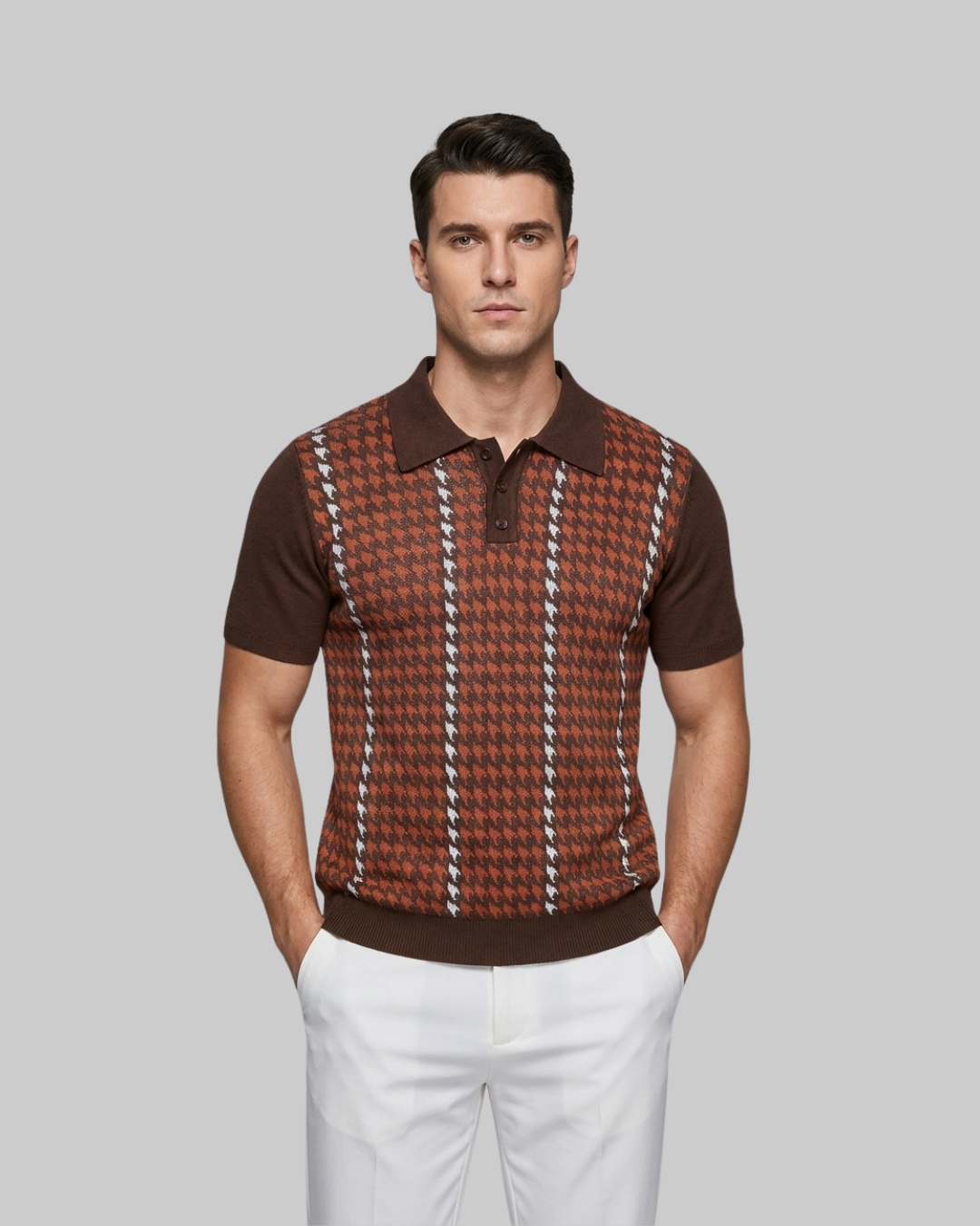 Men's Houndstooth Pattern Polo Shirt in Red