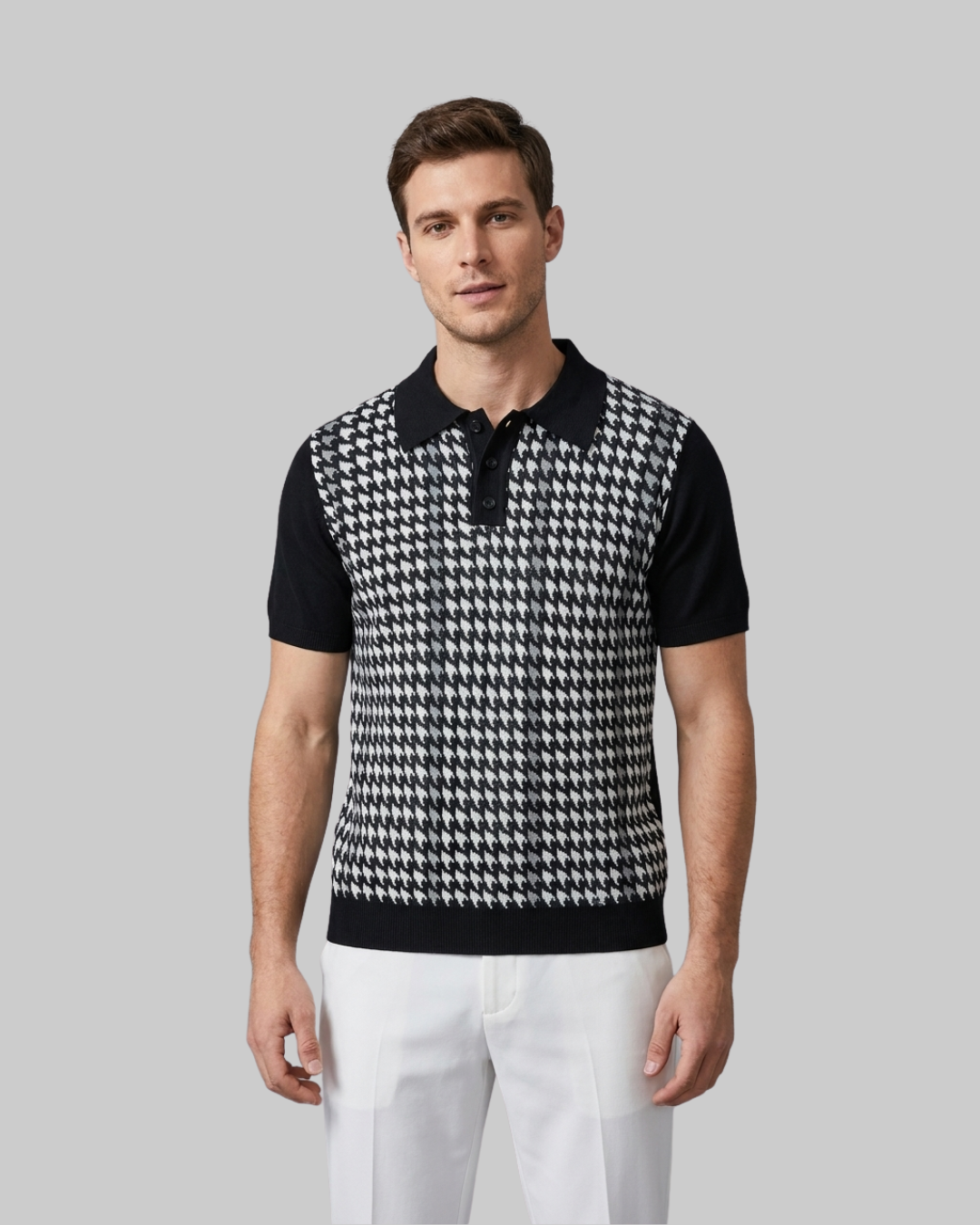 Men's Houndstooth Pattern Polo Shirt in White