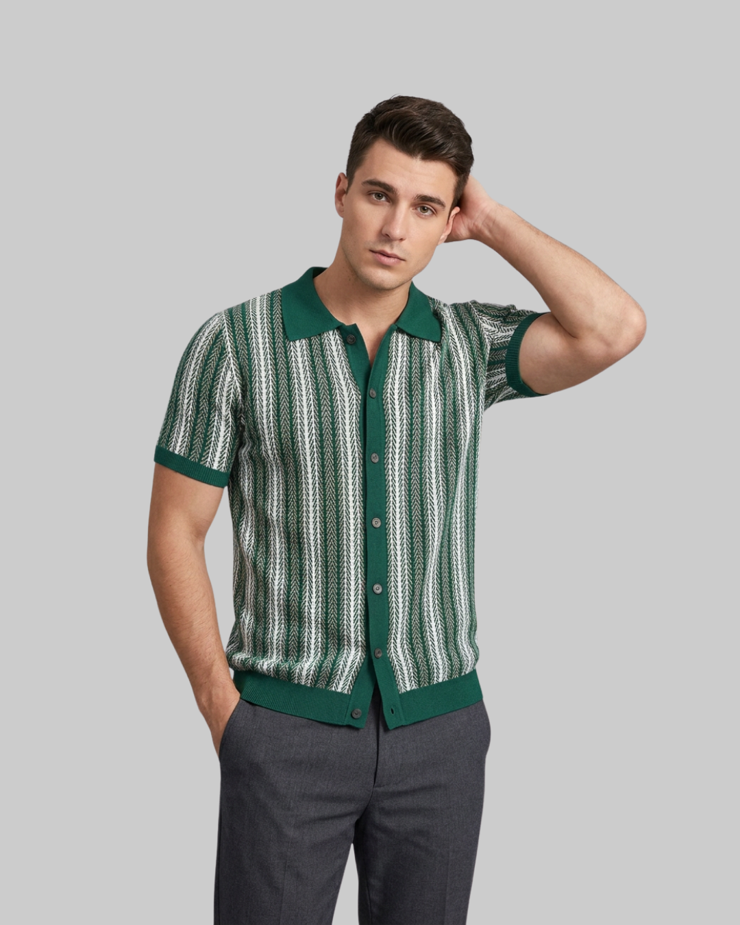 Men's Jacquard Knit Polo Shirt in green.