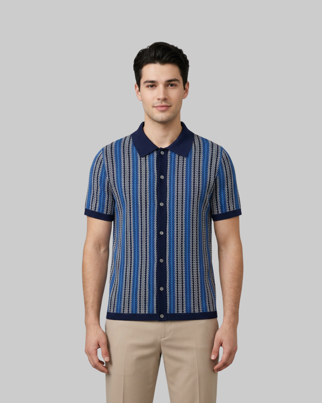 Men's Jacquard Knit Polo Shirt in navy blue.