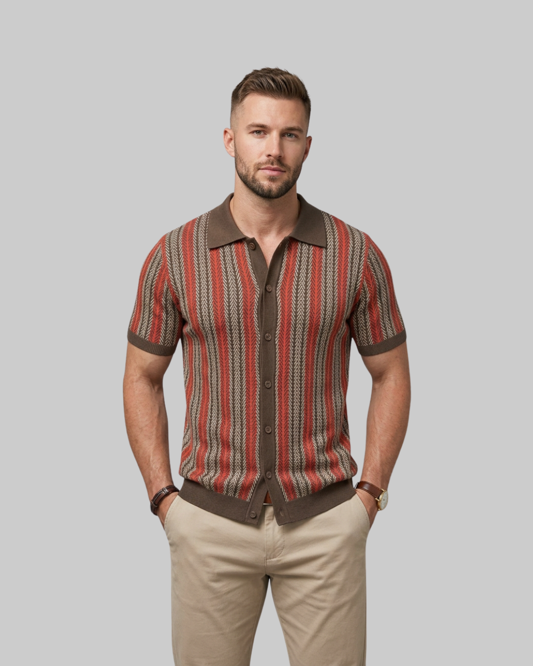 Men's Jacquard Knit Polo Shirt in red.