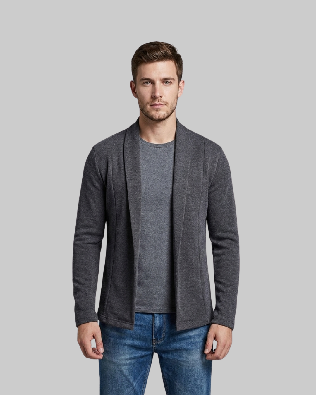 Men's Knit Open Blazer in dark grey.