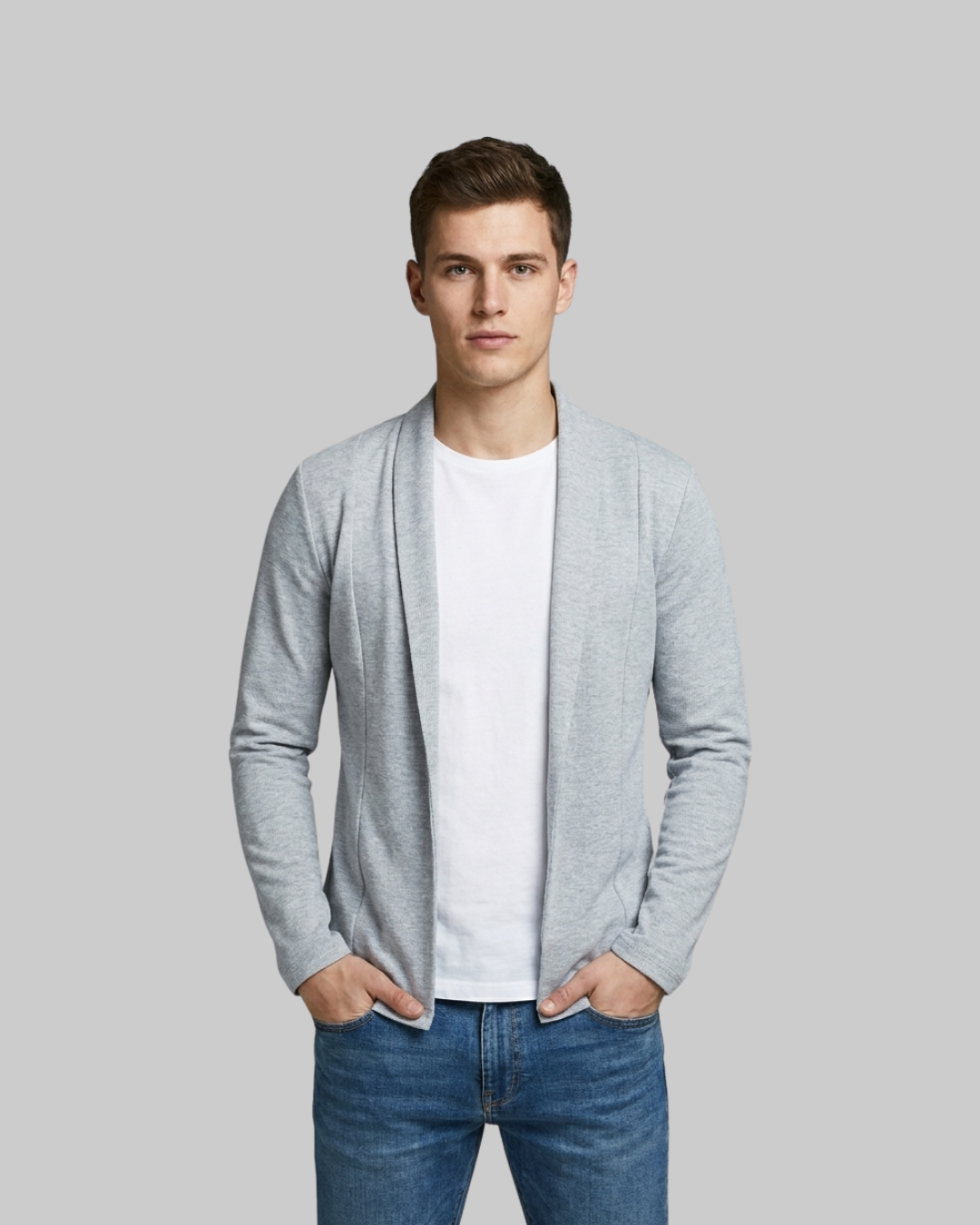 Men's Knit Open Blazer in grey.