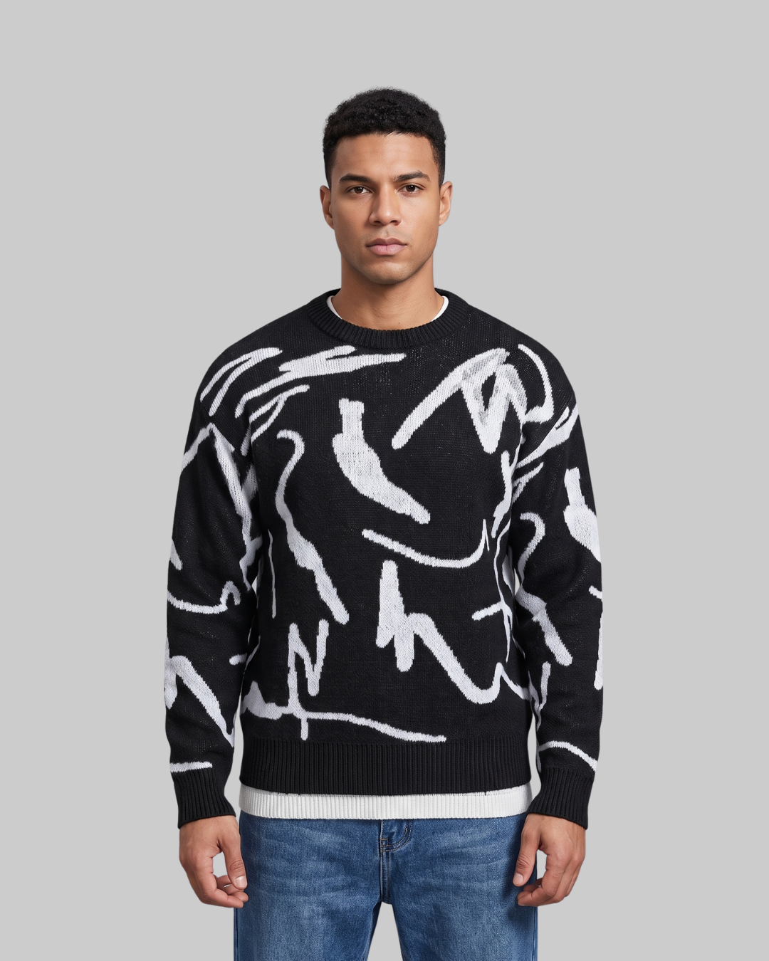 Men's Knitted Crewneck Sweater in black.