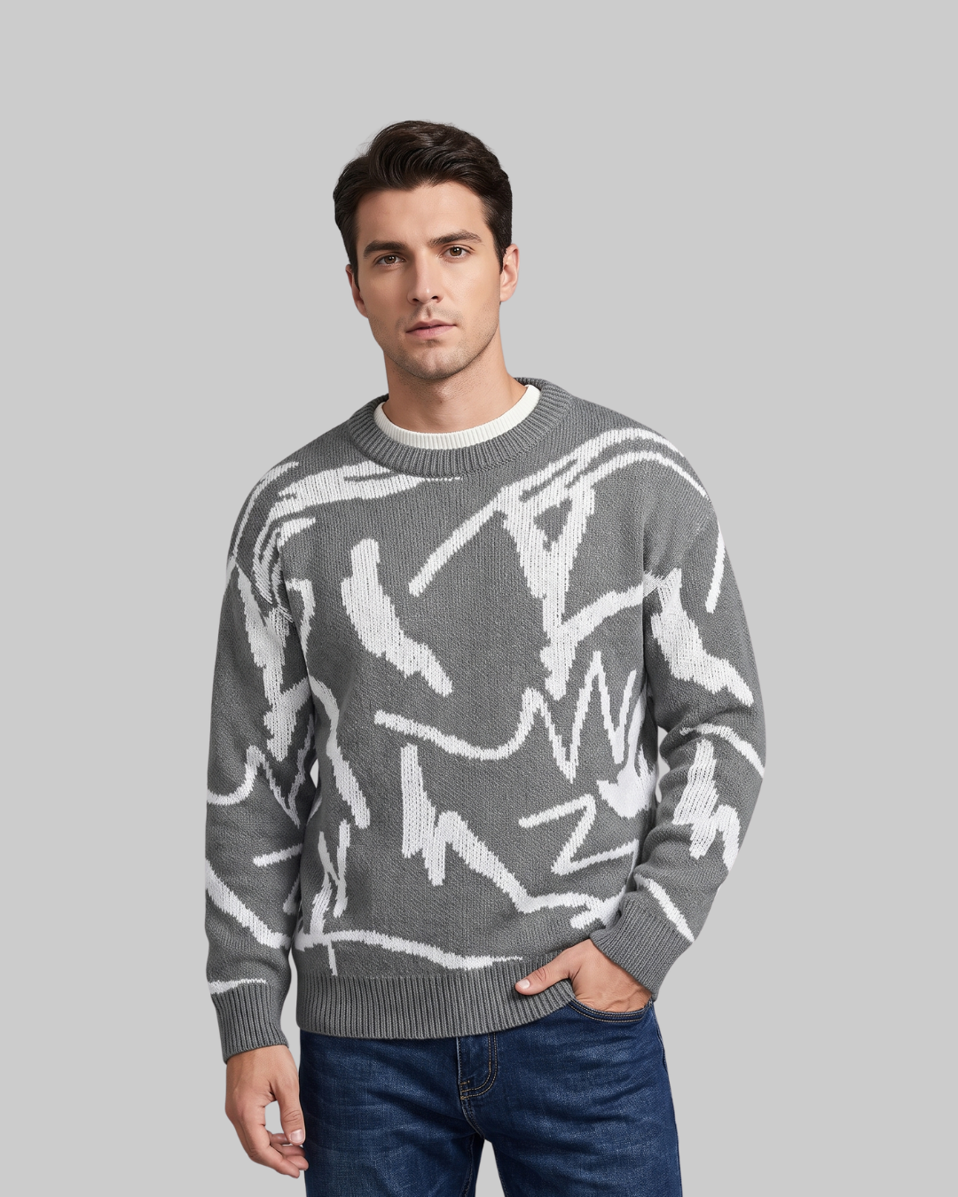 Men's Knitted Crewneck Sweater in grey and white.