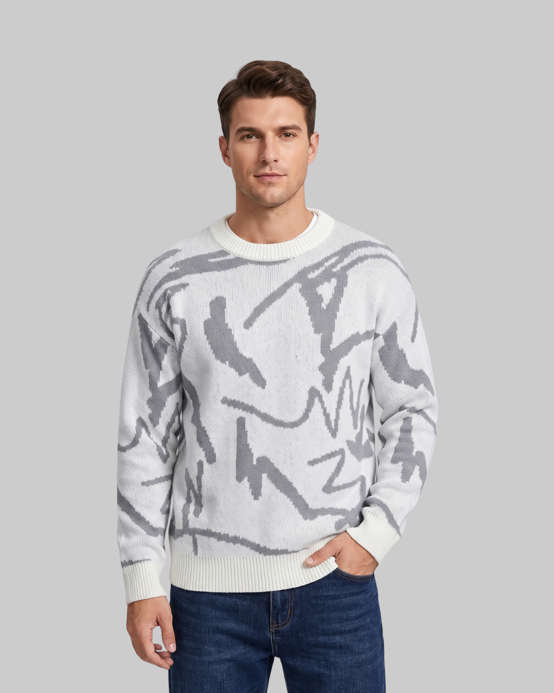 Men's Knitted Crewneck Sweater in white.