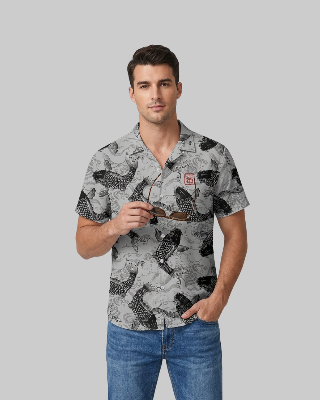 Men's Koi Print Summer Shirt in black.