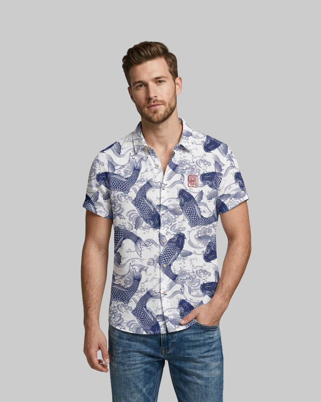Men's Koi Print Summer Shirt in blue.