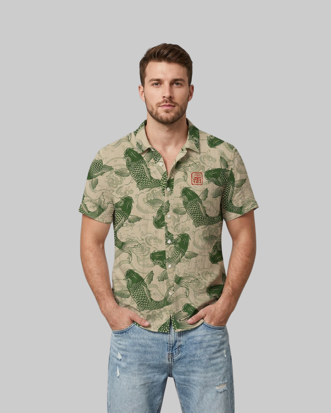 Men's Koi Print Summer Shirt in green.