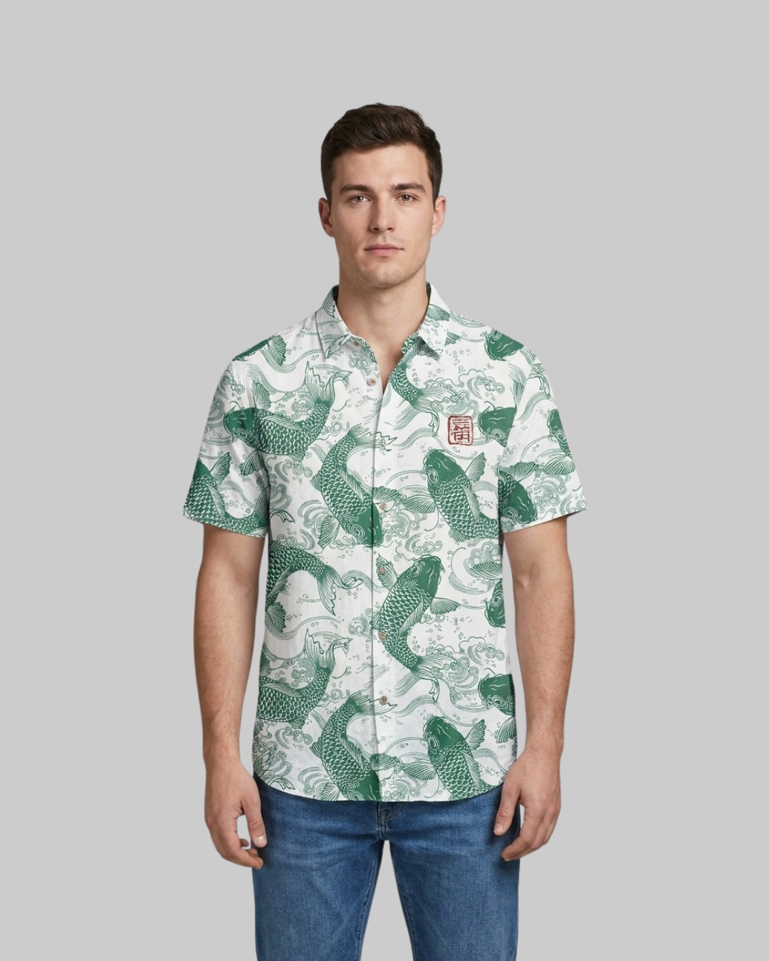 Men's Koi Print Summer Shirt in mint green.