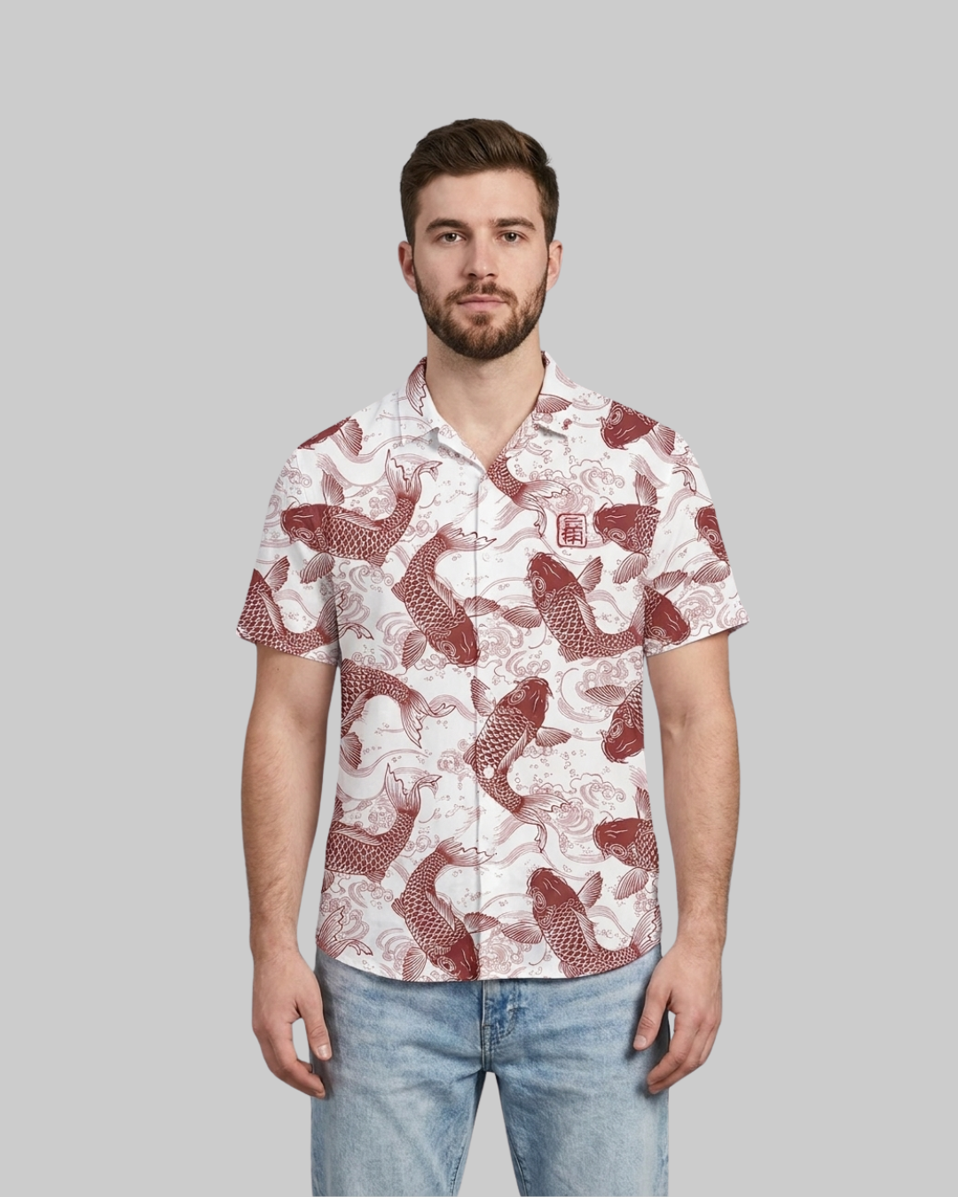 Men's Koi Print Summer Shirt in red.