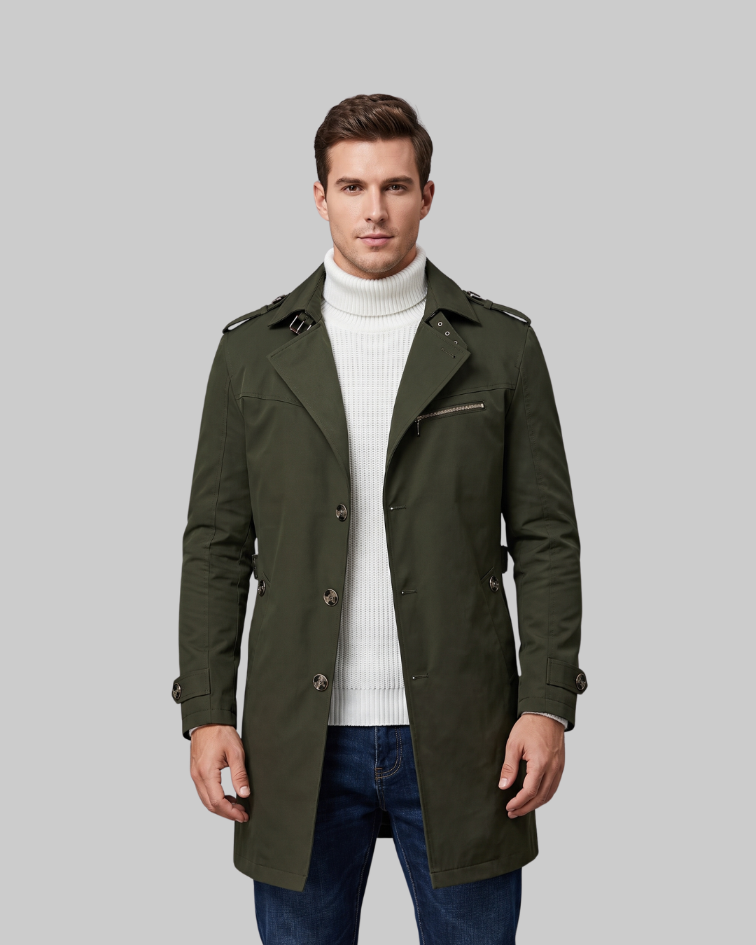 Men's Lapel Collar Trench Coat in army green.