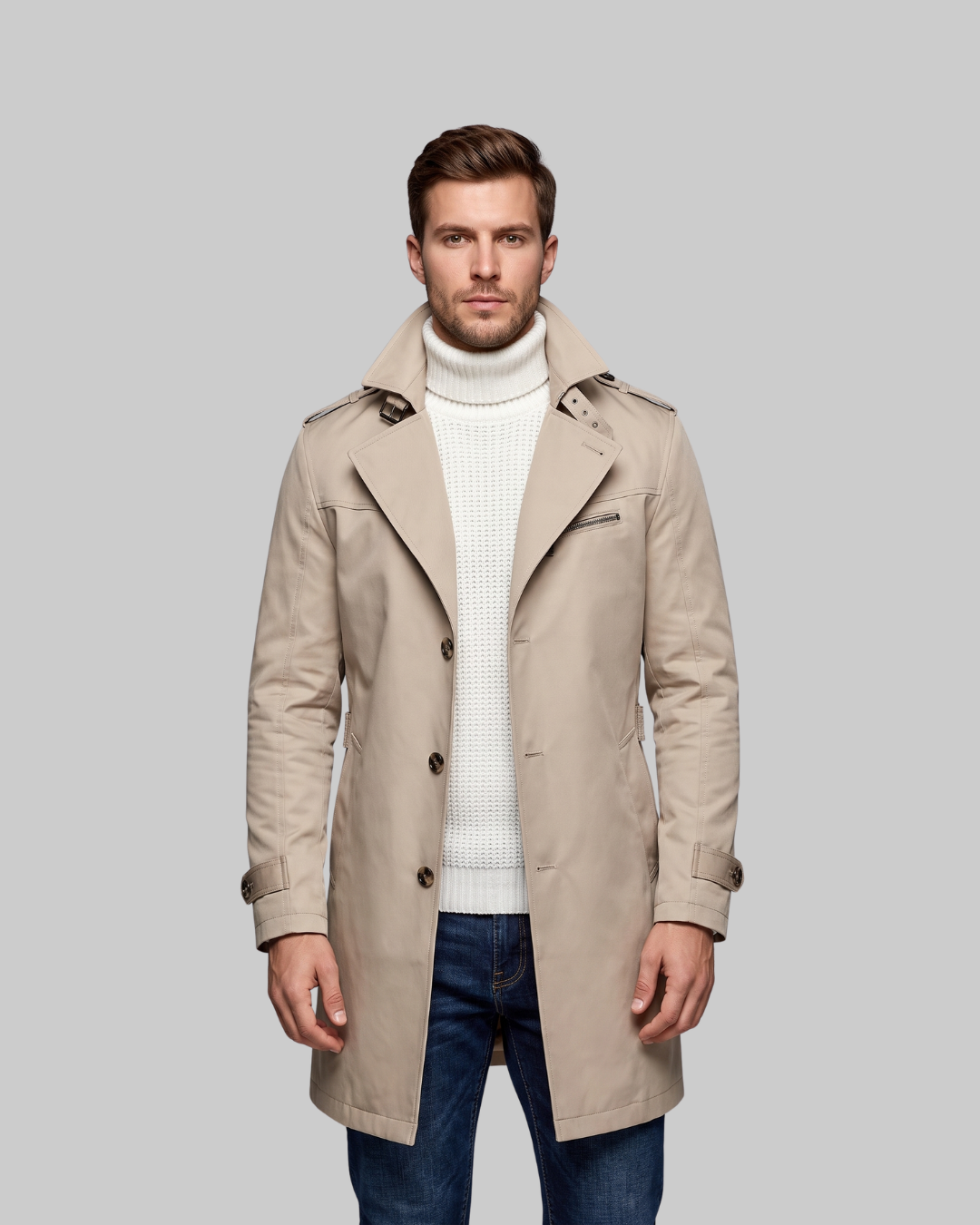 Men's Lapel Collar Trench Coat in beige.