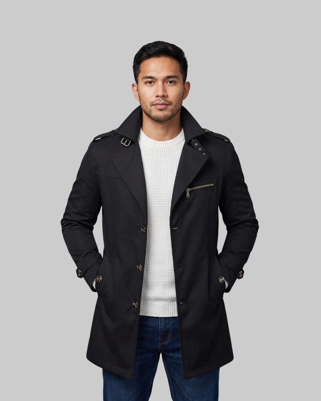 Men's Lapel Collar Trench Coat in black.
