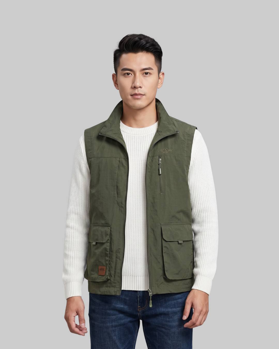 Men's Large Pocket Utility Vest in army green.