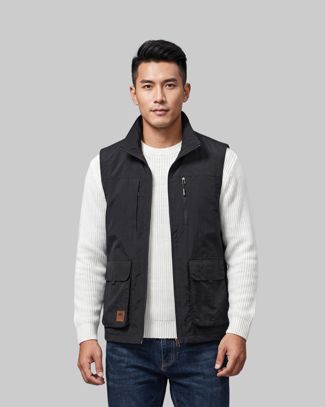 Men's Large Pocket Utility Vest in black.