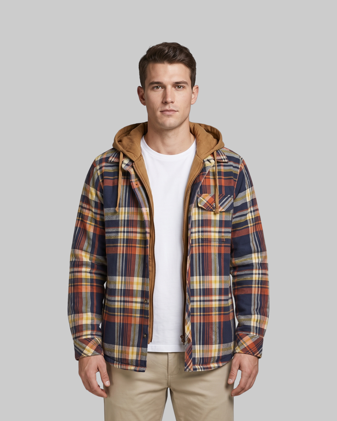 Men's Layered Plaid Zip Hoodie in blue orange.