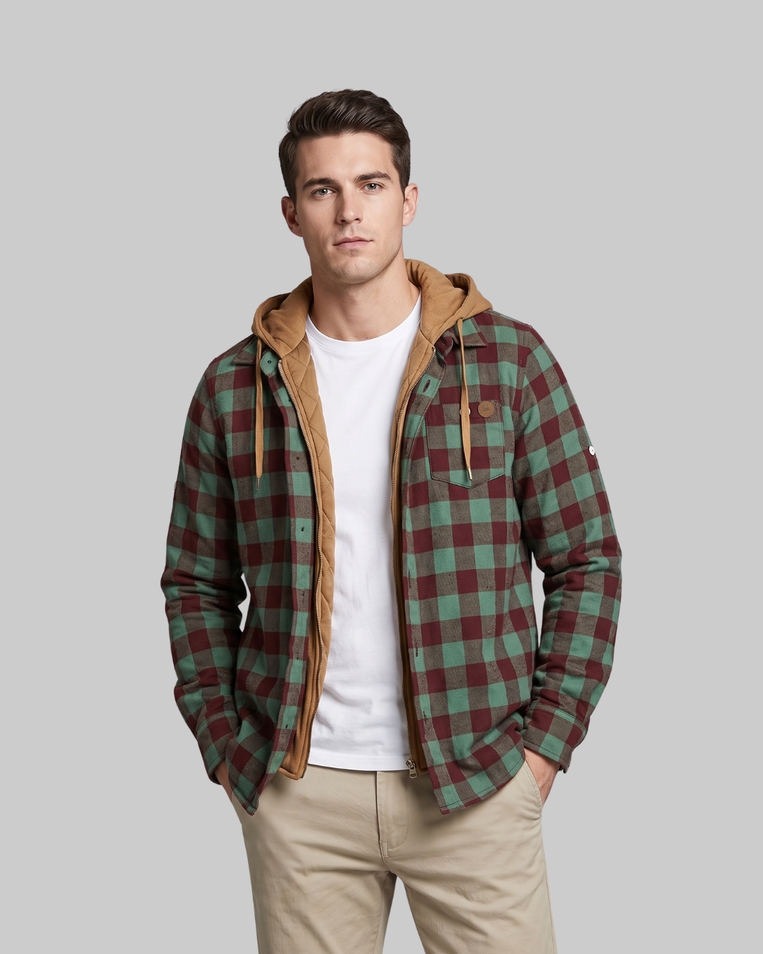 Men's Layered Plaid Zip Hoodie in green.