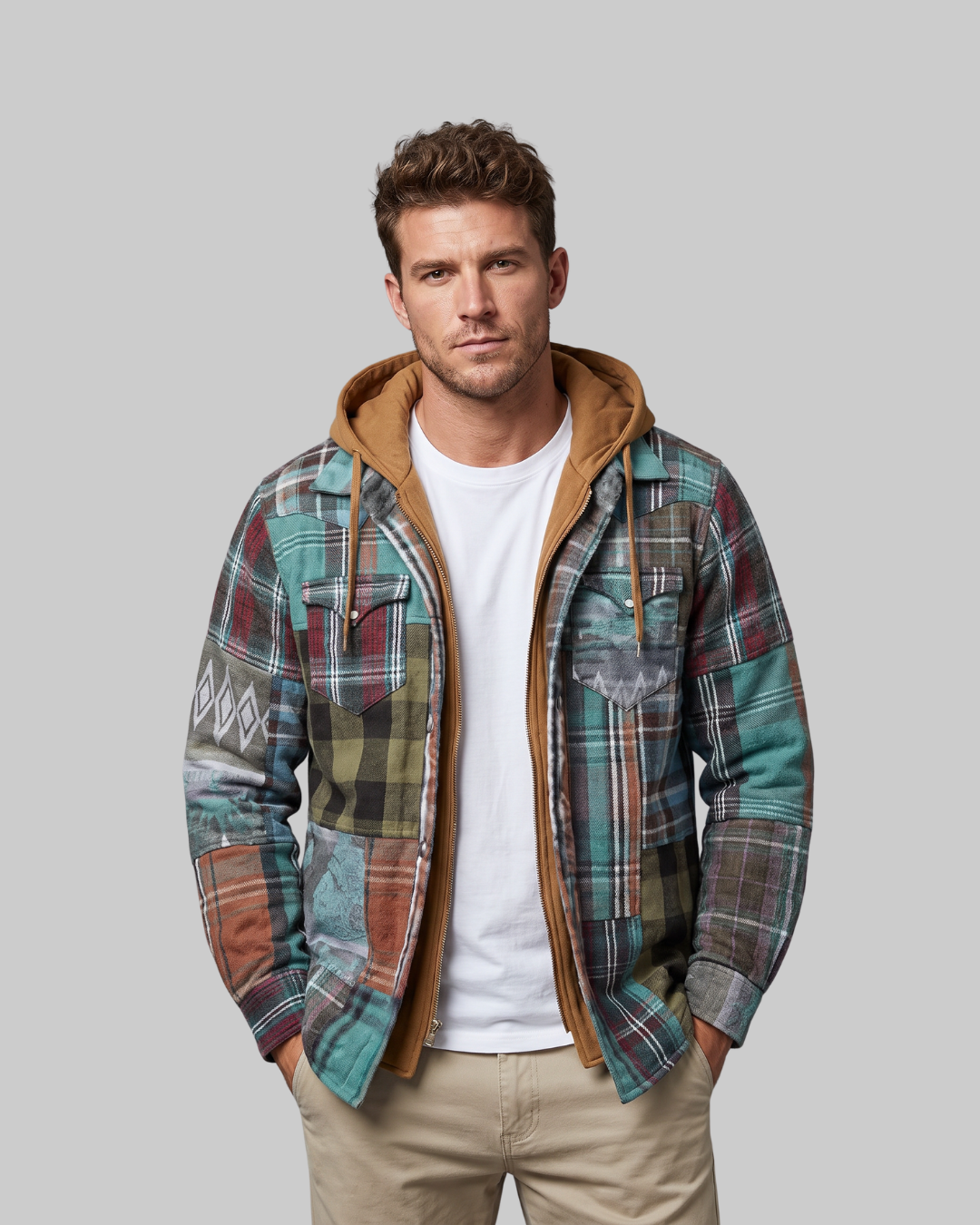 Men's Layered Plaid Zip Hoodie in mint.
