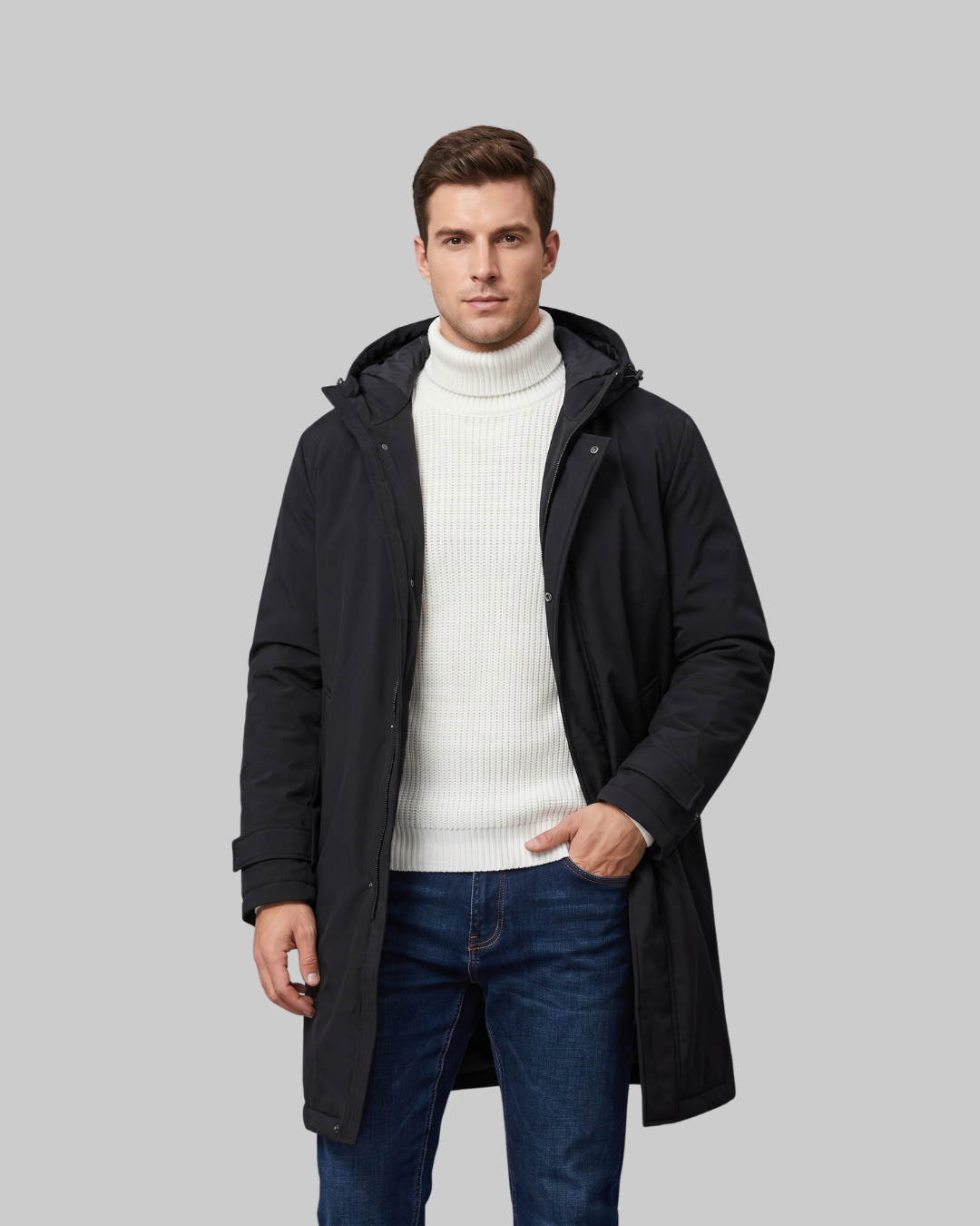 Men's Layered Trench Coat in black.
