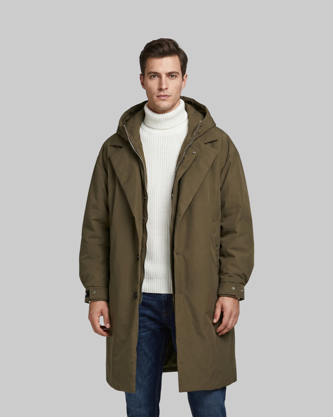Men's Layered Trench Coat in green.