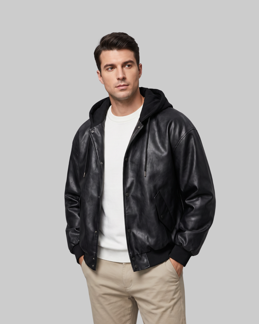Men's Layered Utility Button-Front Hoodie in black.