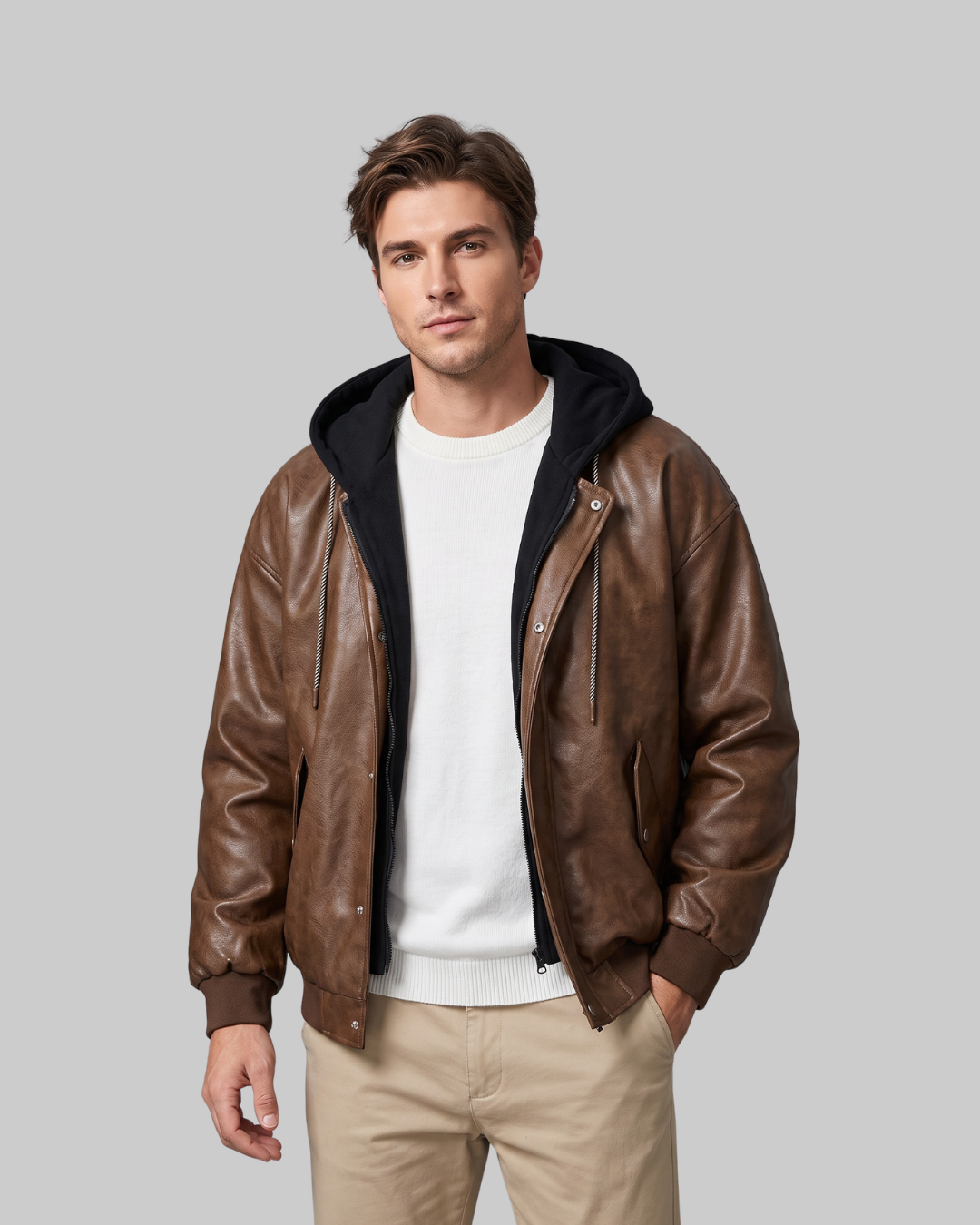 Men's Layered Utility Button-Front Hoodie in brown.