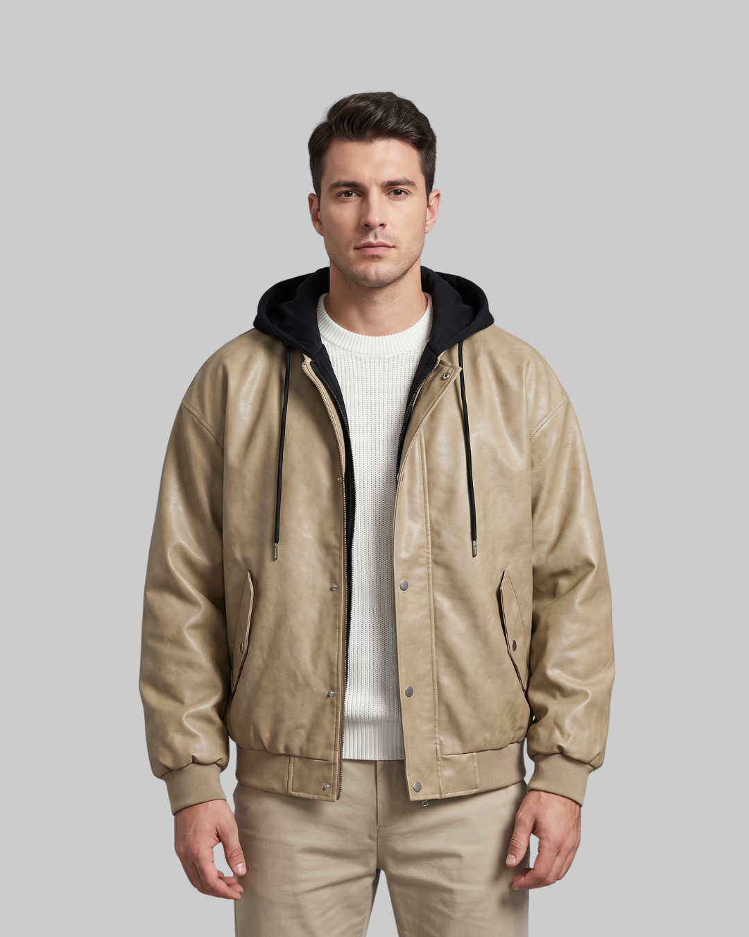 Men's Layered Utility Button-Front Hoodie in khaki.