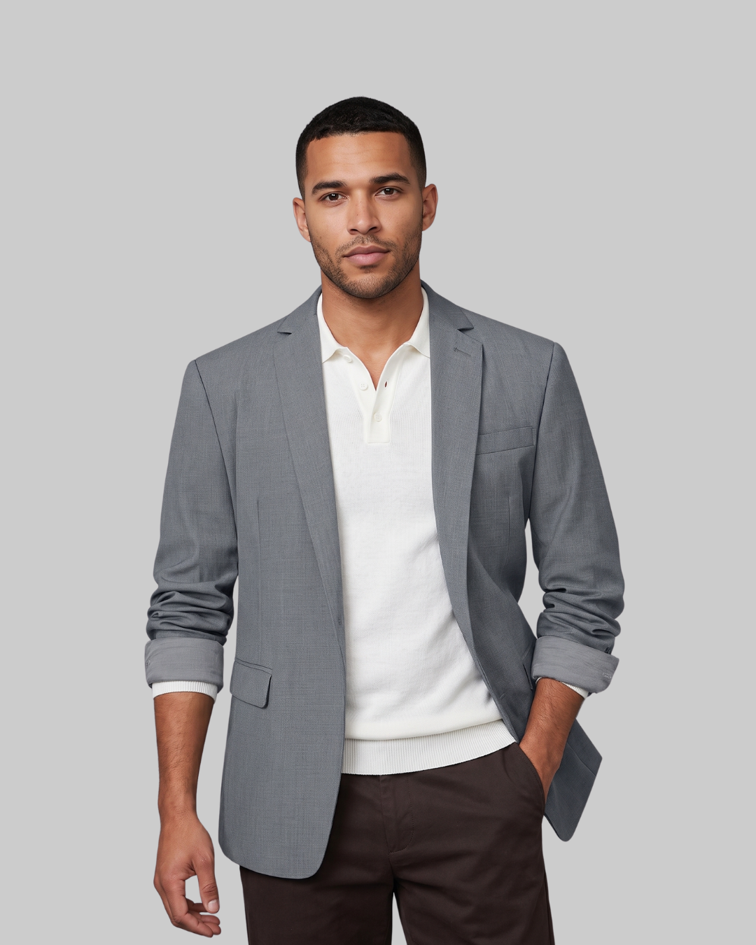 A man wearing a light gray blazer over a white polo shirt and dark brown trousers, standing against a solid gray background.