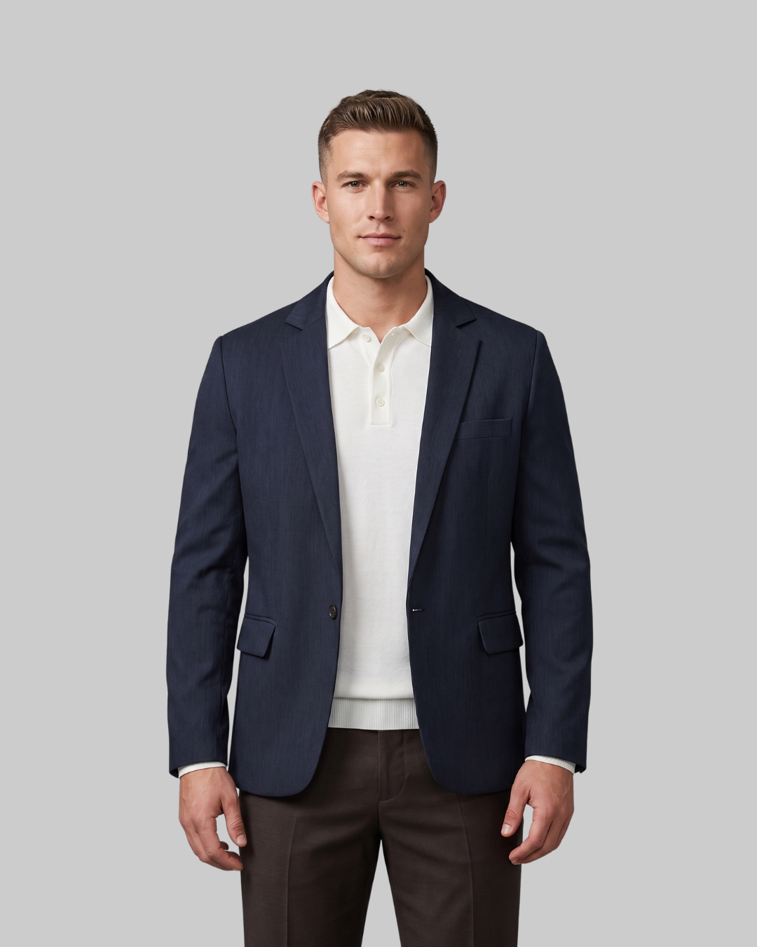 A man wearing a navy blue blazer over a white polo shirt and dark brown trousers, standing against a solid gray background.
